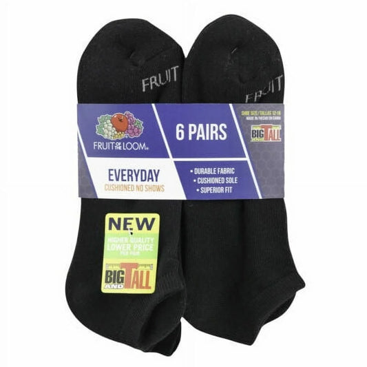 ® Men'S Durable Cushioned No Show Socks 6 Pairs " BIG & TALL" BLACK